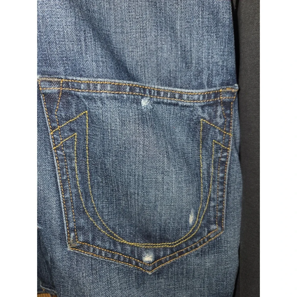 True Religion Mens XXL Denim Hooded Trucker Jacket Blue Black Mixed Media Cinch